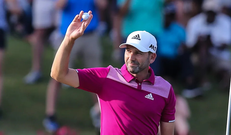 Sergio Garcia celebrates his hole in one at the 17th hole of the Players Stadium Course at TPC Sawgrass during the 2017 Players Championship.