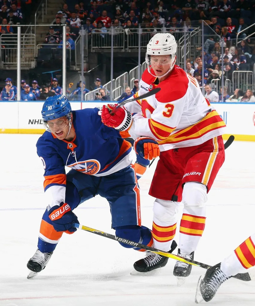 Brayden Schenn fights for possession during the Islanders’ March 14 win against the Flames. Getty Images