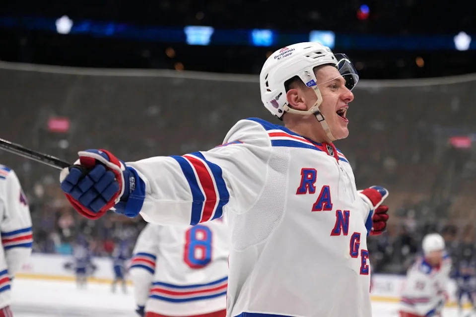 Adam Sykora smiles during warmups before the Rangers’ loss to the Maple Leafs at Scotiabank Arena. IMAGN IMAGES via Reuters Connect