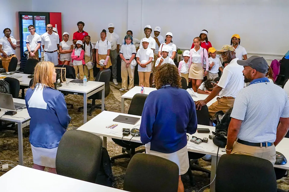 Students from the Inner City Youth Golfers' "Back of the House" tour gather in the media room at the Cognizant Classic in the Palm Beaches at PGA National Resort in Palm Beach Gardens on Feb. 28, 2026.