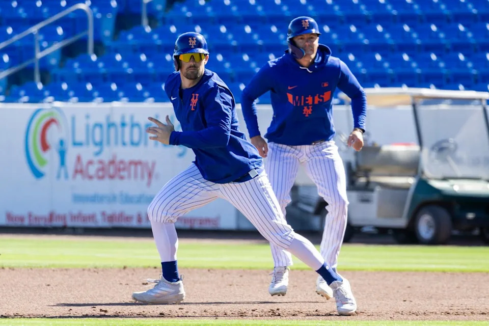New York Mets infielder Jackson Cluff (l.) runs the bases during Spring Training at Clover Field, Tuesday, Feb. 24, 2026, in Port St. Lucie. Corey Sipkin for the NY POST