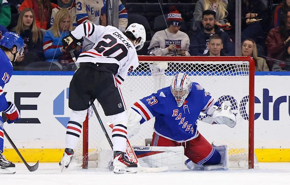 Dylan Garand makes a save during the Rangers-Blackhawks game on March 26, 2026. Robert Sabo for NY Post