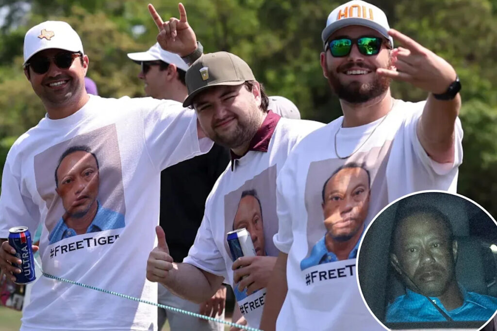 Tiger Woods fans wear shirts with his mugshot during PGA Tour’s Houston Open after DUI crash