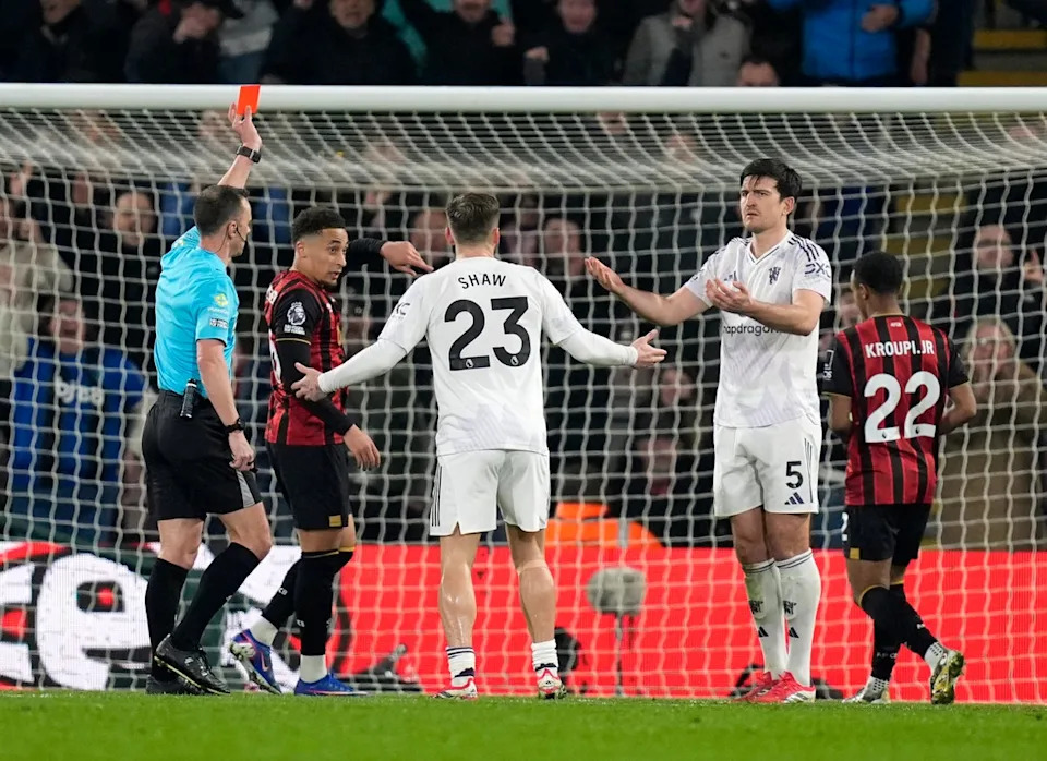 Harry Maguire was sent off for a late challenge on Evanilson and Eli Junior Kroupi converted the resulting spot-kick (Andrew Matthews/PA Wire)