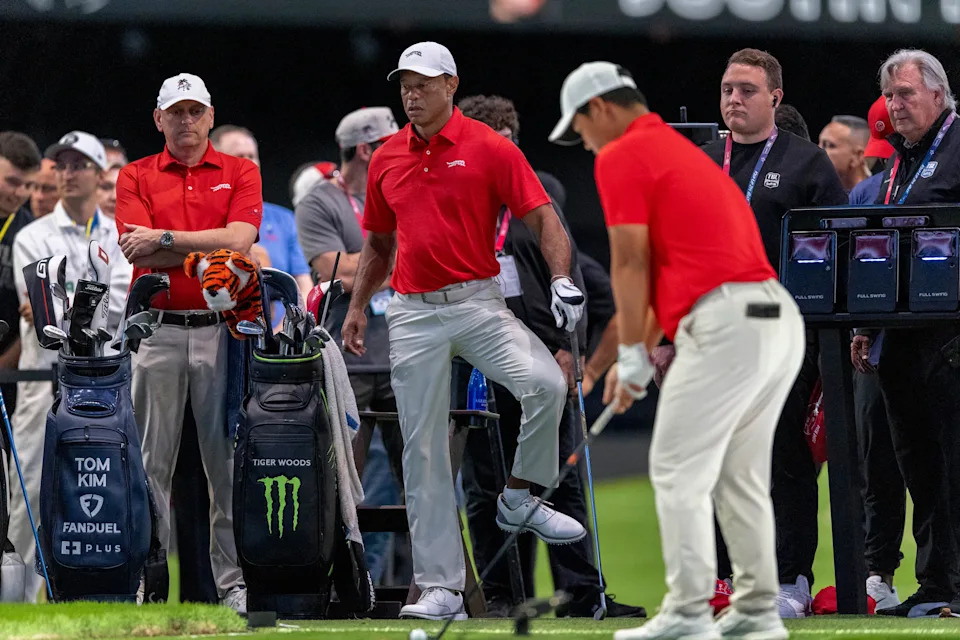 Tiger Woods of Jupiter Links GC warms up before match against Los Angeles Golf Club during the TGL finals at SoFi Center on March 24, 2026, in Palm Beach Gardens, Florida.