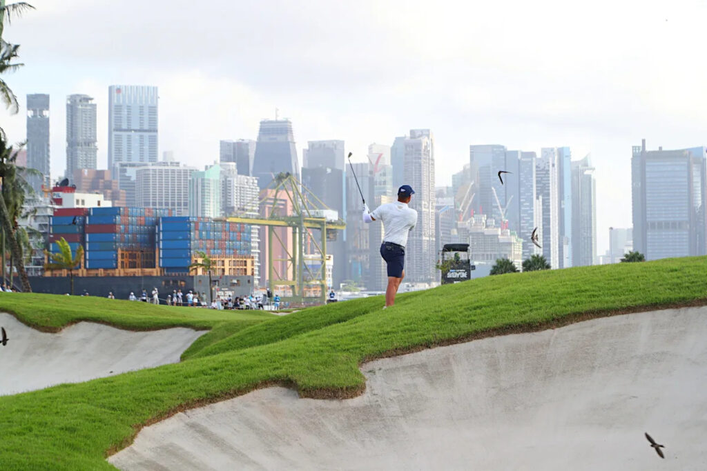 Watch: Bryson DeChambeau falls into bunker at LIV Golf Singapore