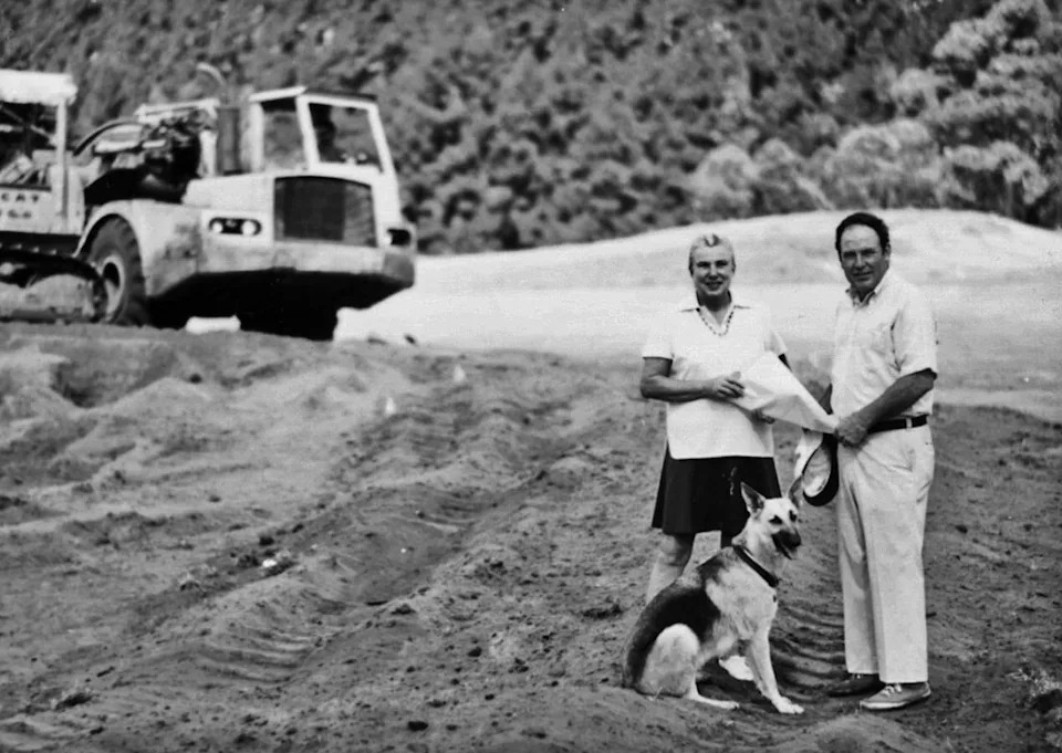 Pete and Alice Dye on construction site at TPC Sawgrass in Ponte Vedra Beach, Florida circa 1980. Photo by PGA Tour