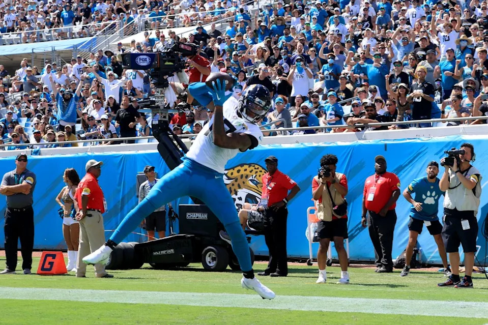 D.J. Chark makes a reception for a touchdown during the game against the Arizona Cardinals at TIAA Bank Field on September 26, 2021 in Jacksonville, Florida. Getty Images