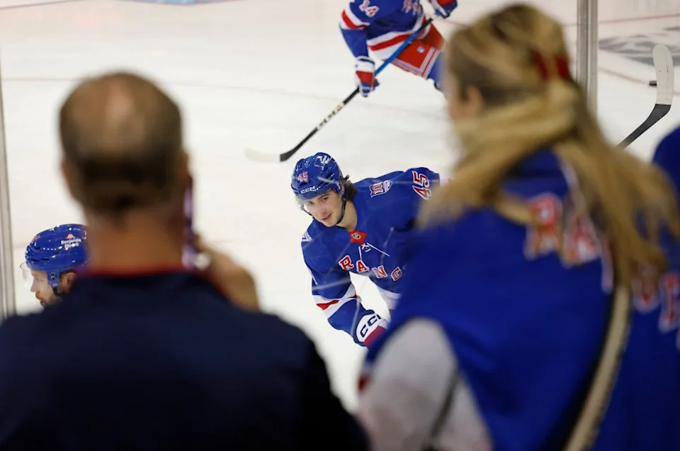 New York Rangers defenseman Drew Fortescue (45) during warmups Robert Sabo for NY Post