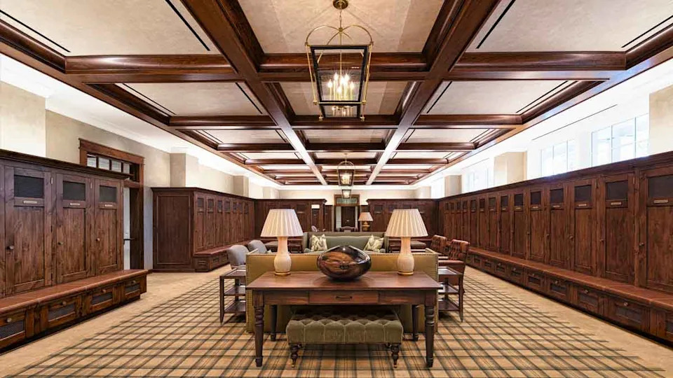 Player locker room in the Player Services Building at Augusta National