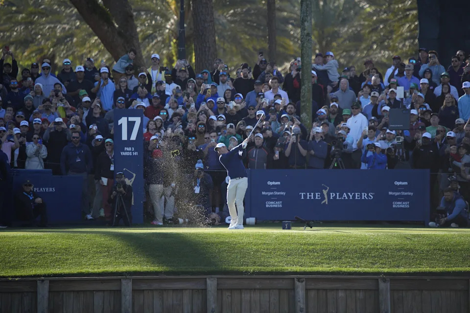 Rory McIlroy tees off on the 17th hole during a three-hole aggregate playoff of the Players Championship at TPC Sawgrass Monday March 17, 2025. McIlroy won the playoff against J.J. Spaun in the fifth playoff in tournament history at the Stadium Course.