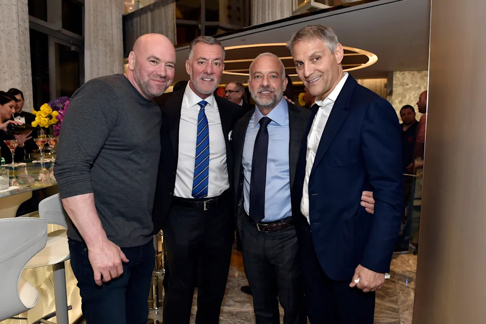 LAS VEGAS, NEVADA - MARCH 01: (L-R) Dana White, Frank Fertitta III, Lorenzo Fertitta and Ari Emanuel attend the The Empathy Suite designed by Damien Hirst unveiling at Palms Casino Resort on March 01, 2019 in Las Vegas, Nevada. (Photo by David Becker/WireImage)