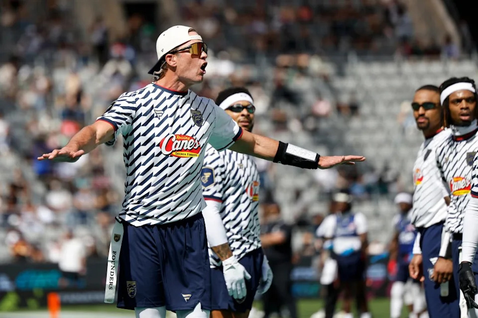 Founders FFC’s Tom Brady reacts to a call made by the referee against the U.S. National Flag team during the Fanatics Flag Football Classic, Saturday, March 21, 2026, in Los Angeles AP