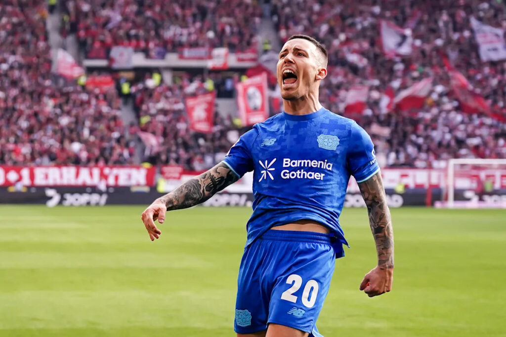 Top marksman: Leverkusen’s Grimaldo leads the Europa rankings