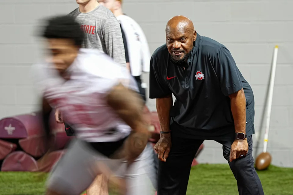Ohio State Buckeyes defensive line coach Larry Johnson works with players during spring football practice on March 19, 2025, at the Woody Hayes Athletic Center in Columbus.