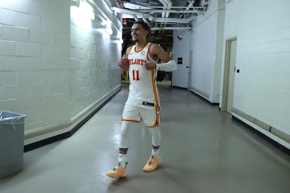 NEW YORK, NY – JUNE 2: Trae Young #11 of the Atlanta Hawks smiles after the game against the New York Knicks during Round 1, Game 5 of the 2021 NBA Playoffs on June 2, 2021 at Madison Square Garden in New York City, New York. NOTE TO USER: User expressly acknowledges and agrees that, by downloading and or using this photograph, User is consenting to the terms and conditions of the Getty Images License Agreement. Mandatory Copyright Notice: Copyright 2021 NBAE (Photo by Nathaniel S. Butler/NBAE via Getty Images) | NBAE via Getty Images