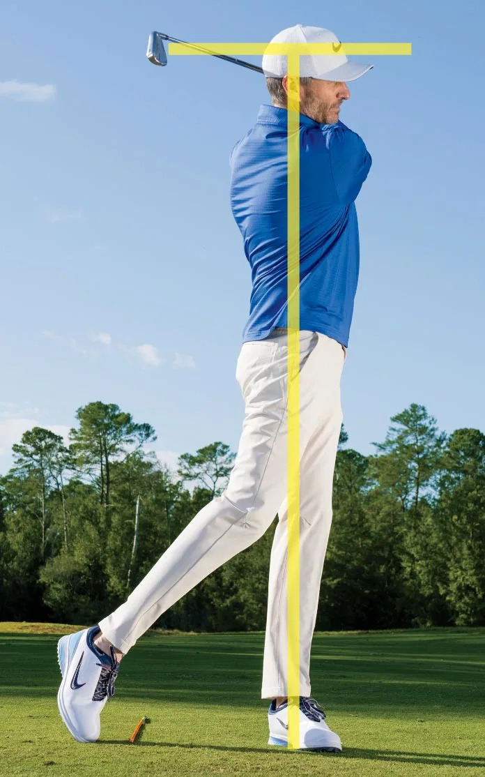 A golfer in a blue shirt and white pants follows through on a swing. A yellow T overlays his body, illustrating posture alignment. He stands on green grass with trees and blue sky in the background.
