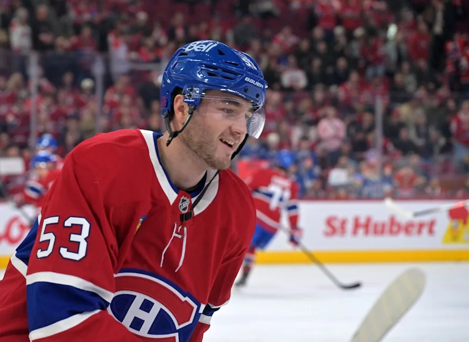 Montreal Canadiens defenseman Noah Dobson (53) skates during the warmup before the game against the Columbus Blue Jackets at the Bell Centre. Eric Bolte-Imagn Images