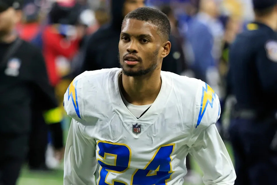 Nasir Adderley walks off the field after the Chargers’ road win over the Indianapolis Colts on Dec. 26, 2022 Getty Images
