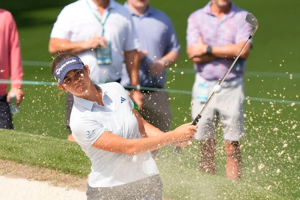 Asterisk Talley hits her bunker shot on the second hole during the final round of the Augusta National Women's Amateur golf tournament at Augusta National Golf Club.