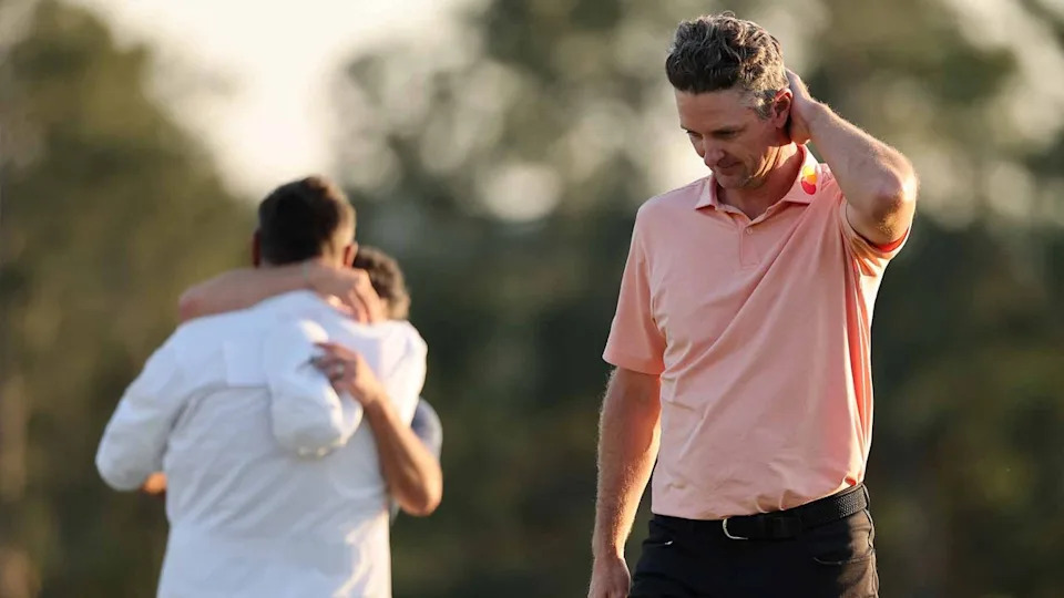 Justin Rose reacts after losing the 2025 Masters in a playoff.