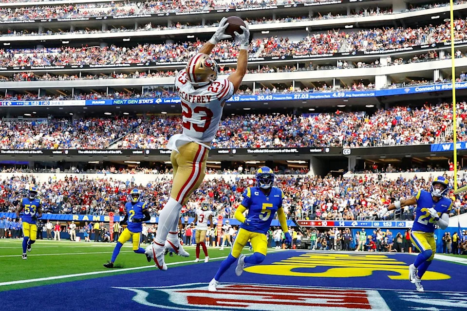 Christian McCaffrey and his 49ers teammates often hear more cheers than the Rams at SoFi Stadium. Getty Images