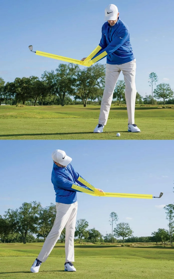 Two images of a golfer in a blue shirt and white pants demonstrating the golf swing, with yellow lines highlighting the arms and club position at different points in the swing.