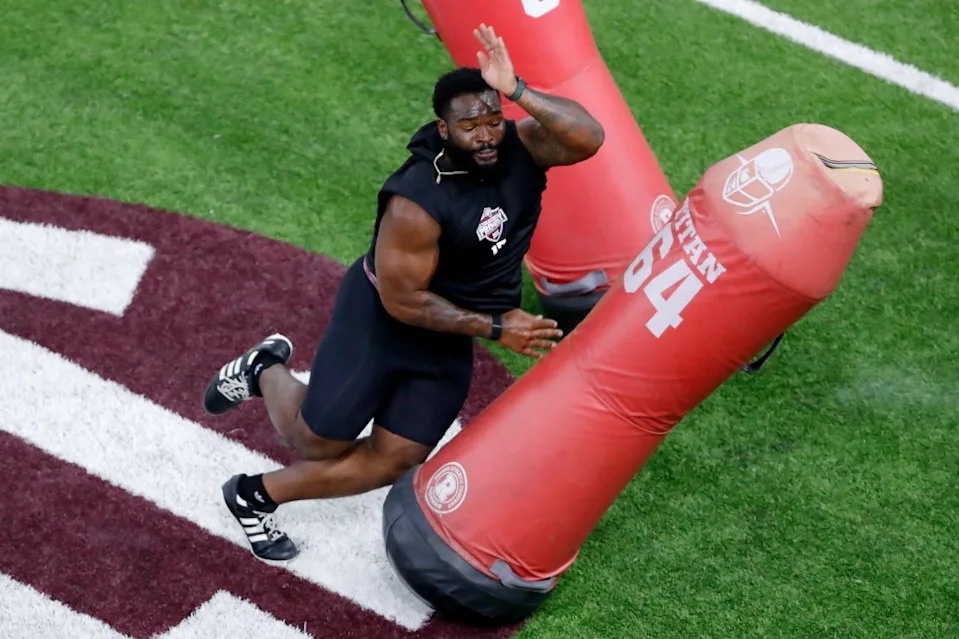 Albert Regis runs position drills during the school’s NFL football pro day on March 25, 2026, in College Station, Texas. AP