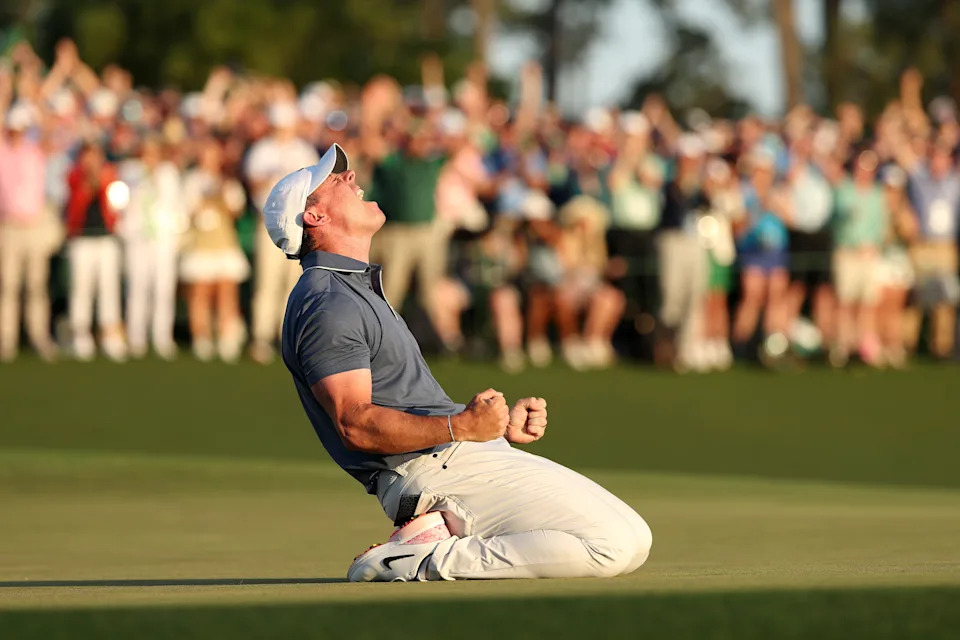 Rory McIlroy of Northern Ireland celebrates winning the 2025 Masters Tournament after the playoff hole on the 18th green during the final round of the 2025 Masters Tournament at Augusta National Golf Club on April 13, 2025 in Augusta, Georgia.