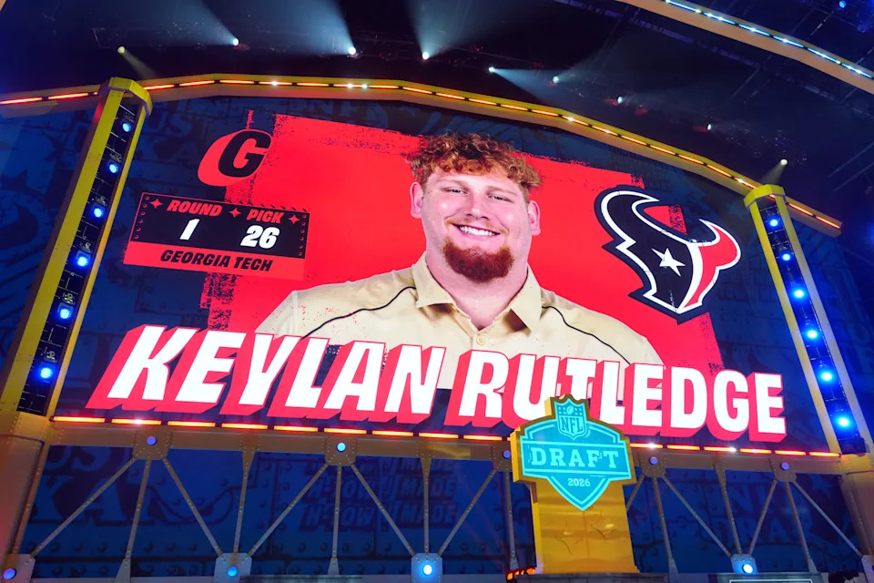 Georgia Tech Yellow Jackets offensive guard Keylan Rutledge is selected by the Houston Texans as the number 26 pick during the 2026 NFL Draft at Acrisure Stadium.
