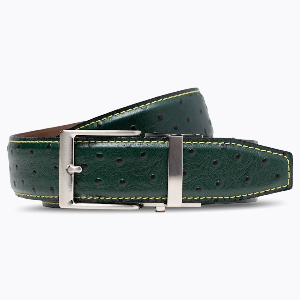 Ostrich Emerald Green w/ Yellow Thread Ratchet Belt 1.575