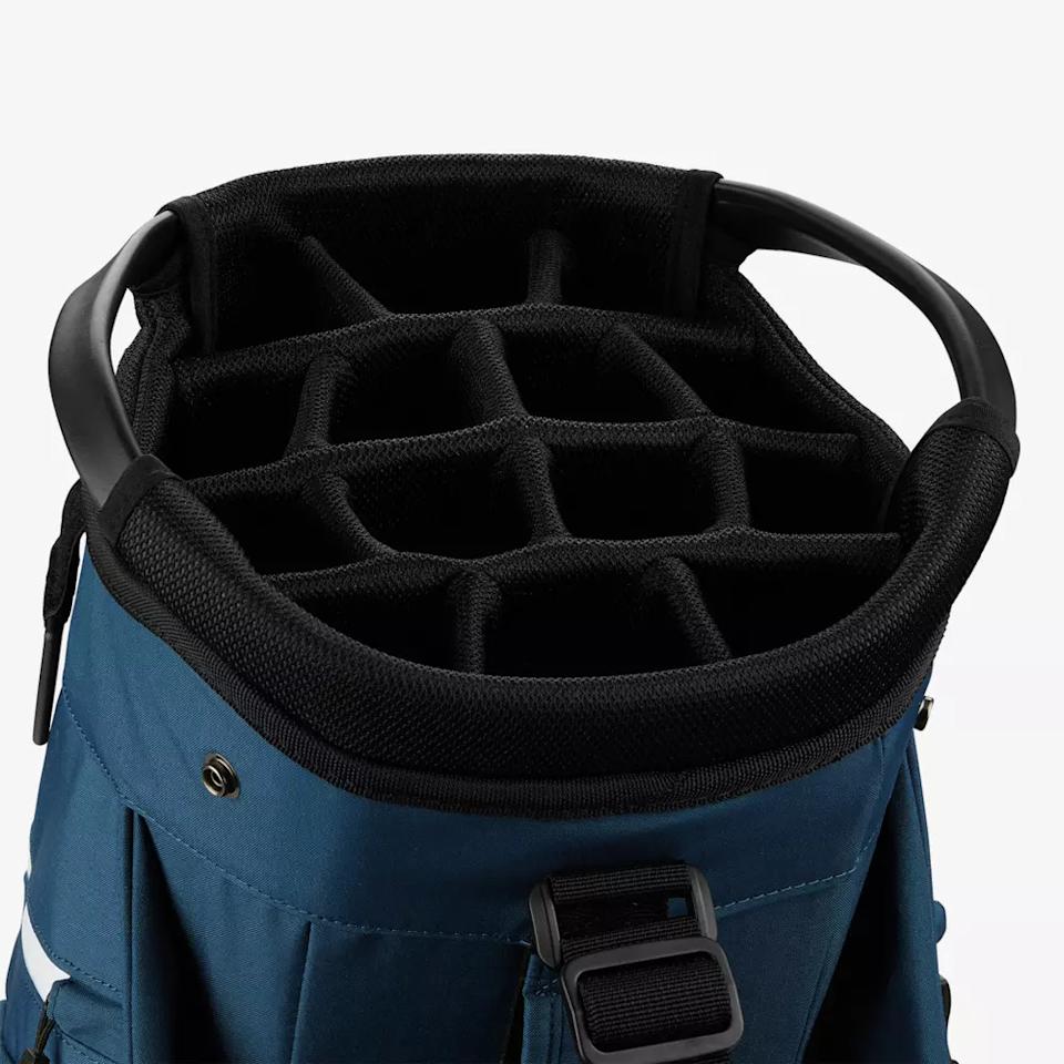 Top view of one of the best golf bags 2026, featuring multiple black padded compartments for organizing and protecting golf clubs.
