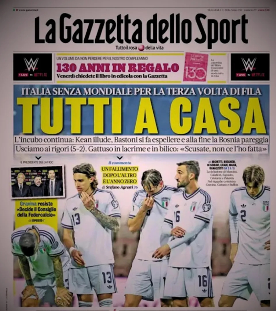 Gazzetta dello Sport reacts to Italy's shock defeat in the play-offs (Gazzetta dello Sport)