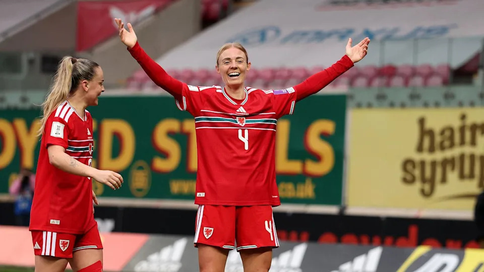 Sophie Ingle celebrates scoring for Wales alongside Lily Woodham 