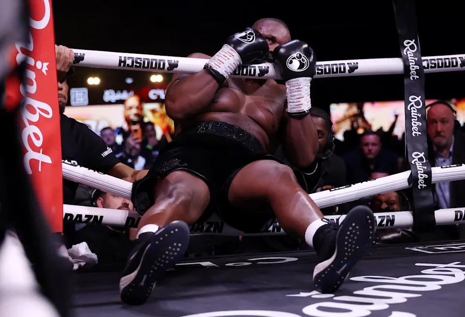 Chisora was knocked through the ropes in the eighth round (Getty Images)