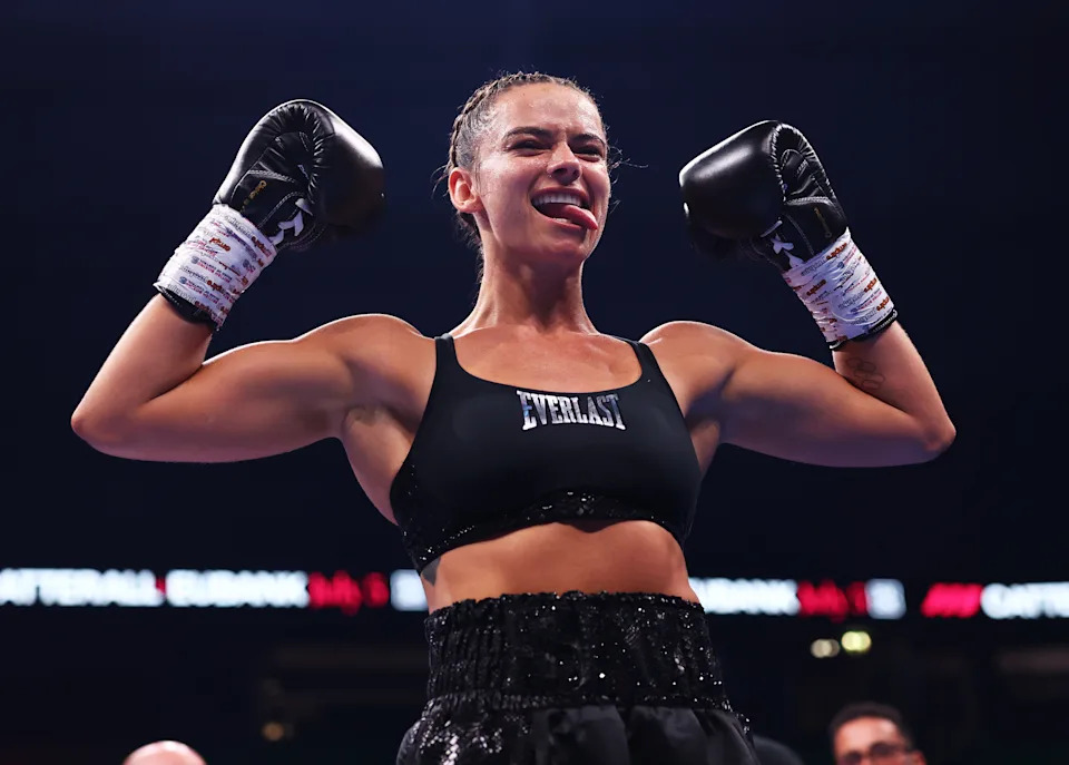 MANCHESTER, ENGLAND - JULY 05: Skye Nicolson poses for a photo following her victory over Carla Camila Campos Gonzales in their Super Bantamweight fight on 'The Warrior Code' fight card at AO Arena on July 05, 2025 in Manchester, England. (Photo by Alex Livesey/Getty Images)