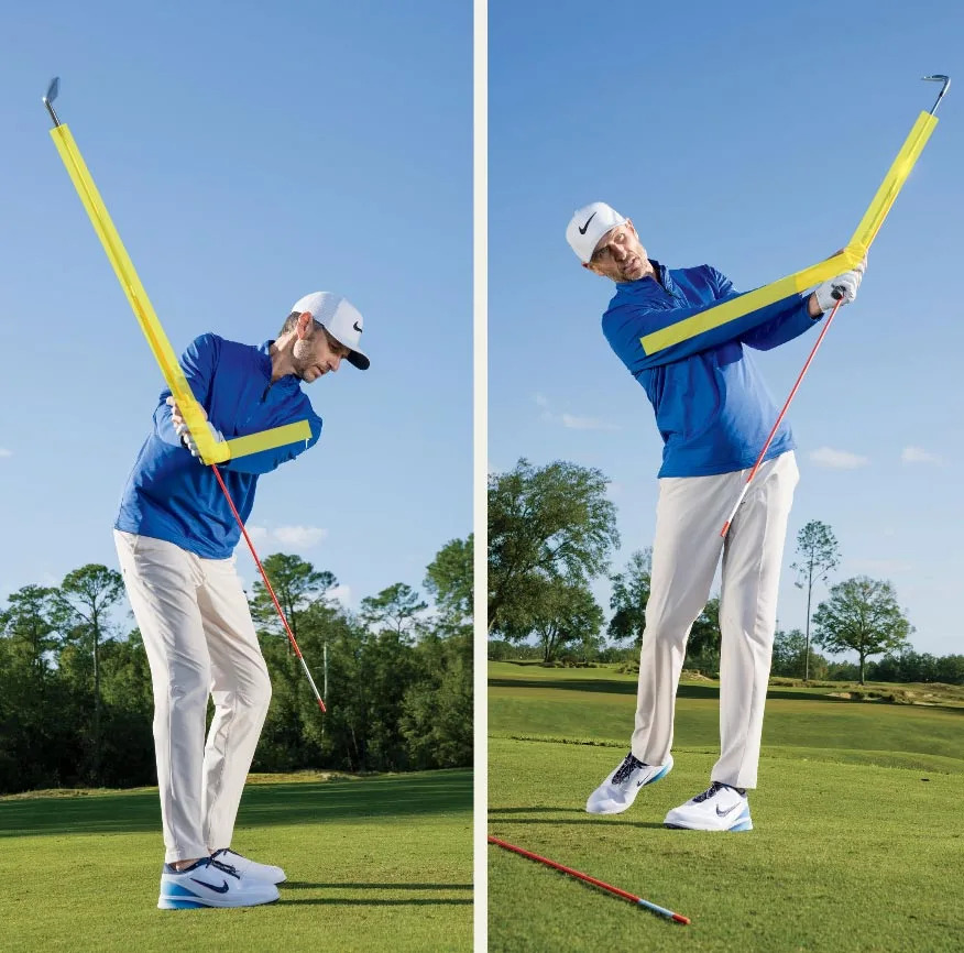 A golfer in a blue shirt and white pants demonstrates two swing positions on a golf course, with yellow lines highlighting arm angles and a red line showing the club’s swing. Trees and blue sky are in the background.