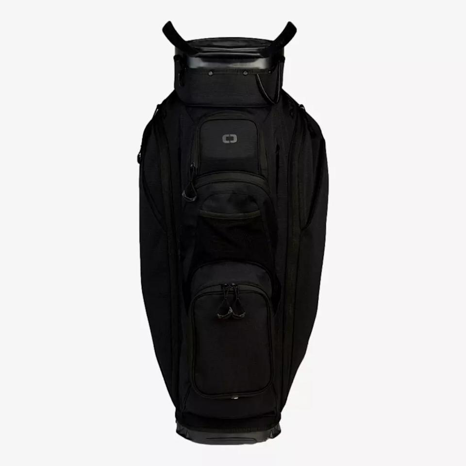A black golf bag with multiple zippered compartments and handles, standing upright against a plain white background—ideal for those seeking the best golf bags 2026 has to offer.