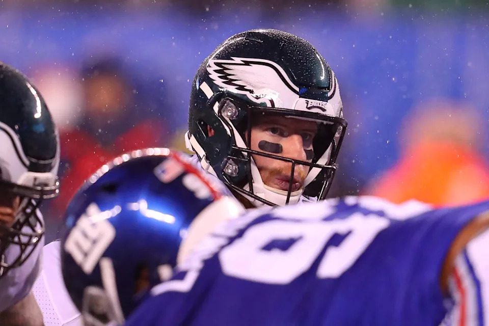 EAST RUTHERFORD, NJ - DECEMBER 29:  Philadelphia Eagles quarterback Carson Wentz (11)  during the National Football League game between the New York Giants and the Philadelphia Eagles on December 29, 2019 at MetLife Stadium in East Rutherford, NJ.  (Photo by Rich Graessle/Icon Sportswire)