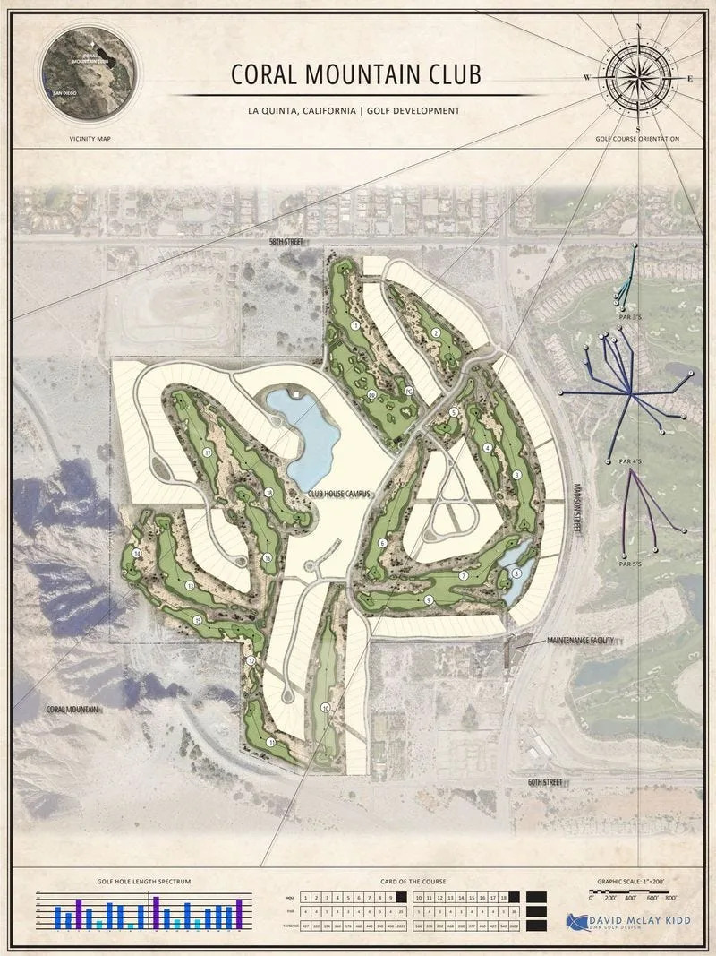 A rendering of the routing of the 18-hole golf course that will be built by architect David McLay Kidd at Coral Mountain Desert Club in La Quinta.