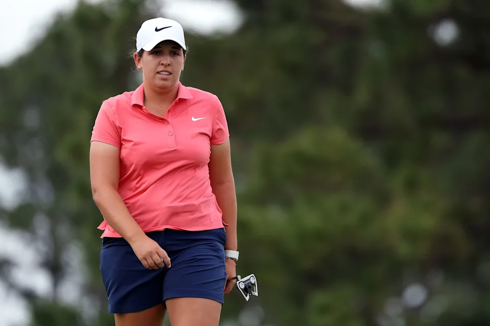 Farah O'Keefe of the United States looks on from the third green during the first round of The Chevron Championship 2026 at Memorial Park Golf Course on April 23, 2026 in Houston, Texas.