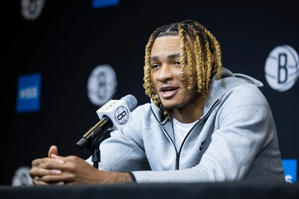 Noah Clowney speaks with the media during post season interviews at HSS Training Center, Monday, April 13, 2026, in Brooklyn, NY. Corey Sipkin for the NY POST