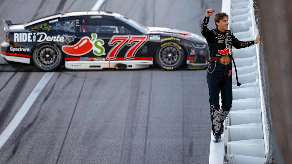 Carson Hocevar celebrates and soaks in the roar of the fans at Talladega. &lpar;Photo by Sean Gardner&sol;Getty Images&rpar;