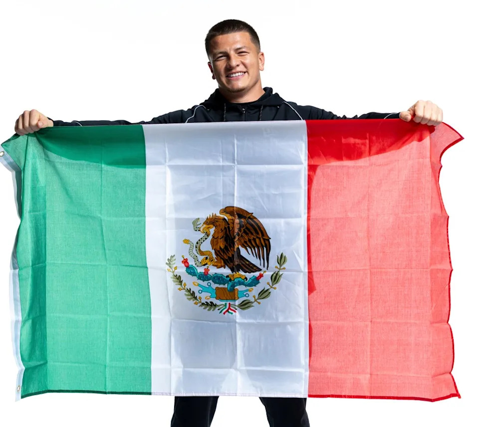 Diego Pavia proudly poses for a portrait with the Mexican flag during the 2026 NFL Scouting Combine at Lucas Oil Stadium. Getty Images