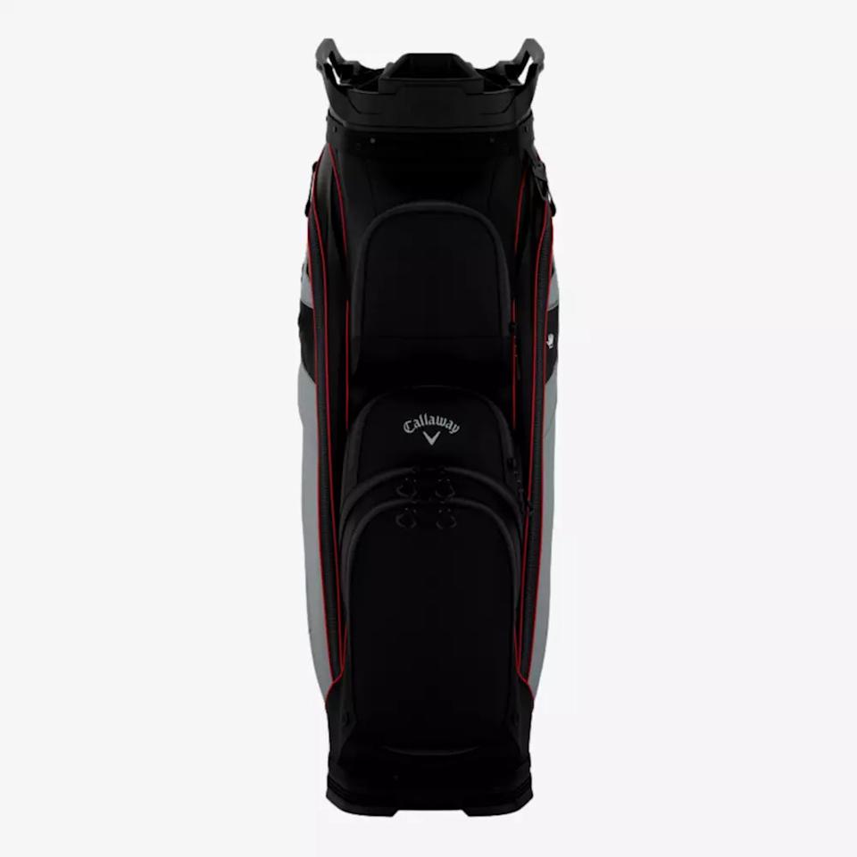 A black Callaway golf bag with red accents, shown from the front on a plain light background. One of the best golf bags 2026, it features multiple zippered compartments and a structured top for organizing golf clubs.