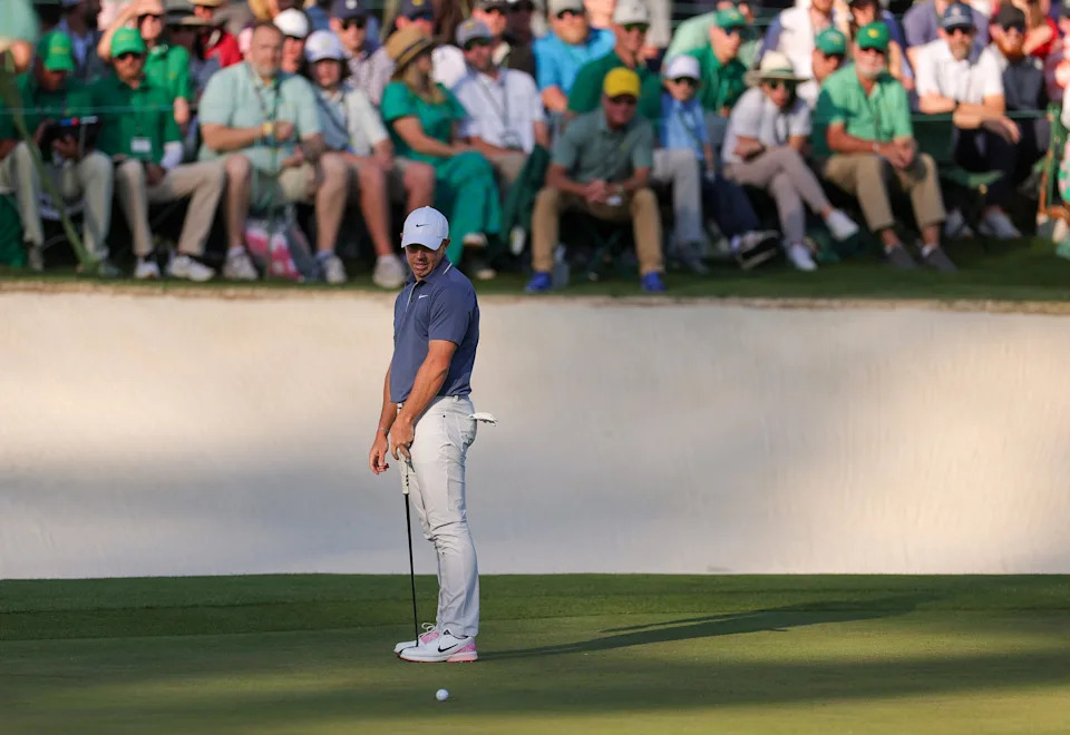 AUGUSTA, GEORGIA - APRIL 13: Rory McIlroy of Northern Ireland reacts to a putt on the 17th hole during the final round of the 2025 Masters Tournament at Augusta National Golf Club on April 13, 2025 in Augusta, Georgia. (Photo by Andrew Redington/Getty Images)