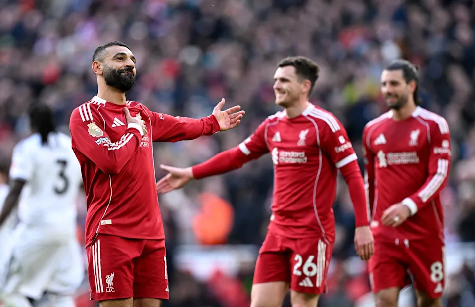 Salah began his Anfield farewell by doubling Liverpool’s lead in their victory over Fulham (Liverpool FC via Getty Images)