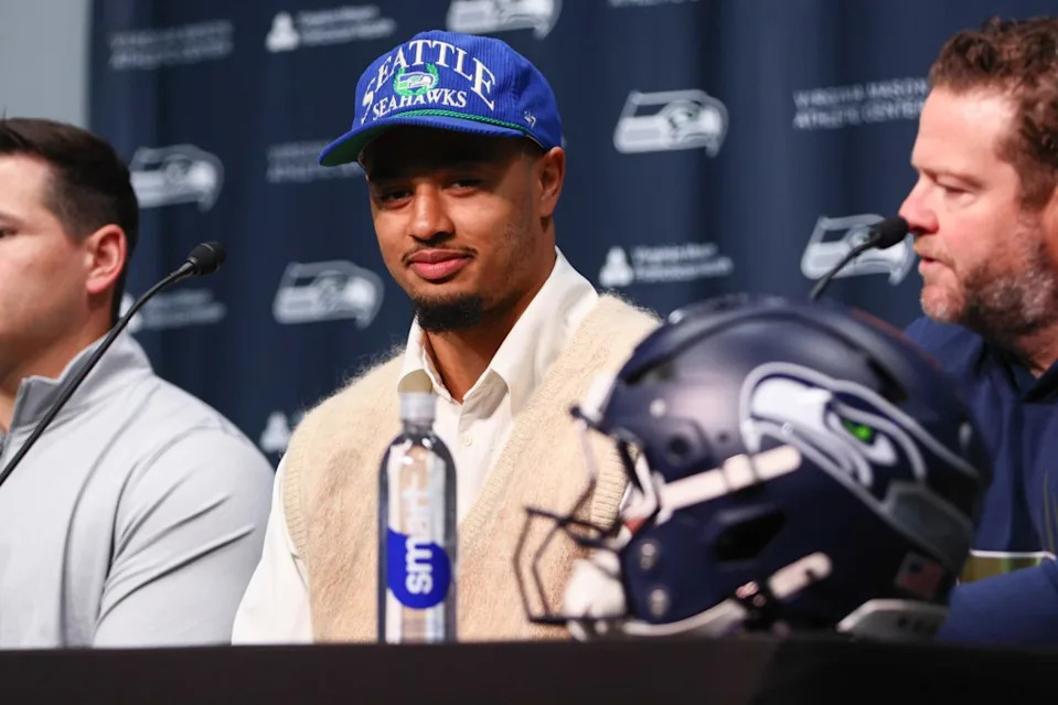 Jaxon Smith-Njigba looks on during an NFL football news conference on March 25, 2026, in Seattle. AP