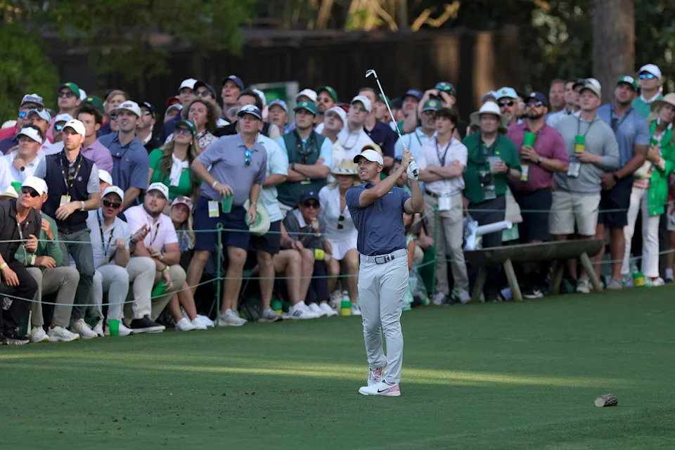 AUGUSTA, GEORGIA - APRIL 13: Rory McIlroy of Northern Ireland plays his shot from the 16th tee during the final round of the 2025 Masters Tournament at Augusta National Golf Club on April 13, 2025 in Augusta, Georgia. (Photo by Andrew Redington/Getty Images)