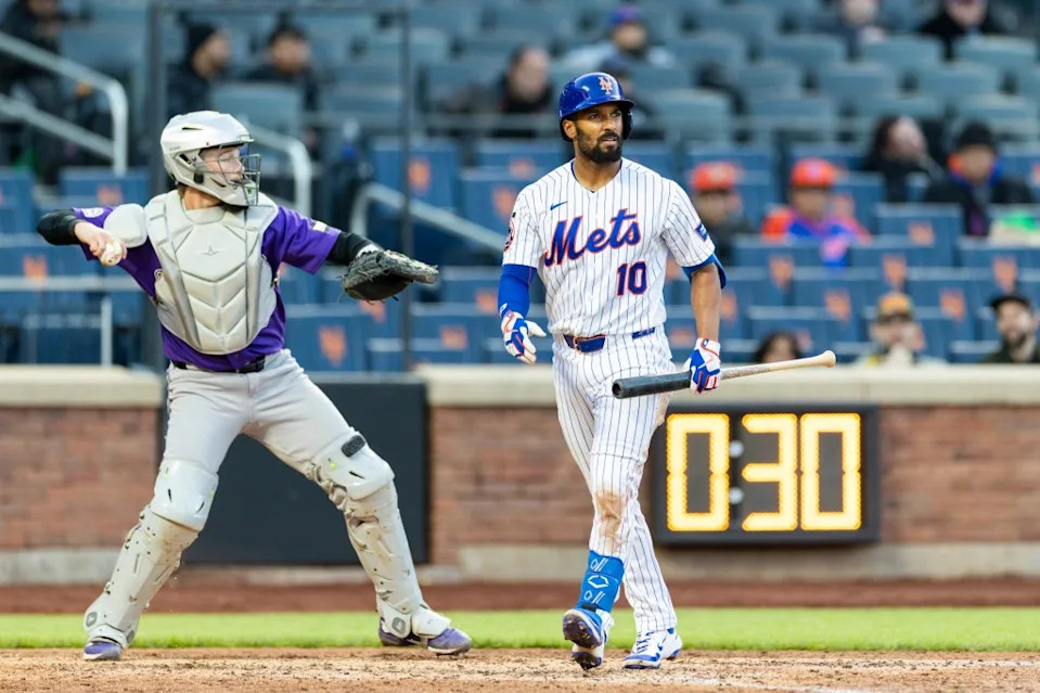 <a class="link " href="https://sports.yahoo.com/mlb/players/9517/" data-i13n="sec:content-canvas;subsec:anchor_text;elm:context_link" data-ylk="slk:Marcus Semien;sec:content-canvas;subsec:anchor_text;elm:context_link;itc:0" data-yga="{"yLinkElement":"context_link","yModuleName":"content-canvas","yLinkText":"Marcus Semien","ySubModuleName":"anchor_text","yHasCommerce":false}">Marcus Semien</a> (10) reacts after striking out during the seventh inning against the Colorado Rockies at Citi Field, Sunday, April 26, 2026, in Queens, NY. Corey Sipkin for the NY POST